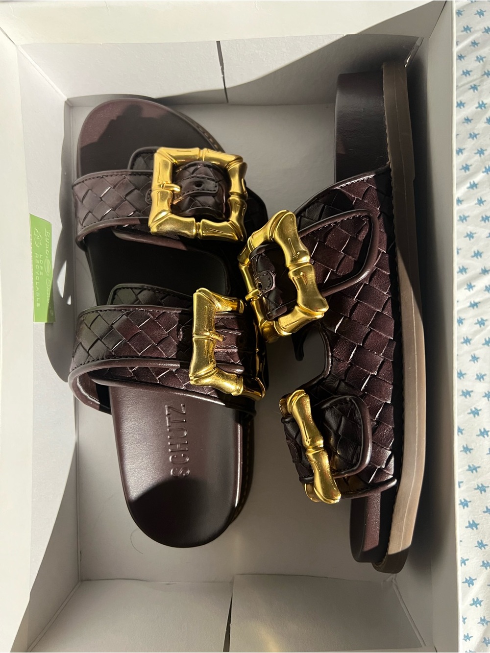 Schutz Encla Dark Brown Woven Leather Slide Sandals with Gold Buckles